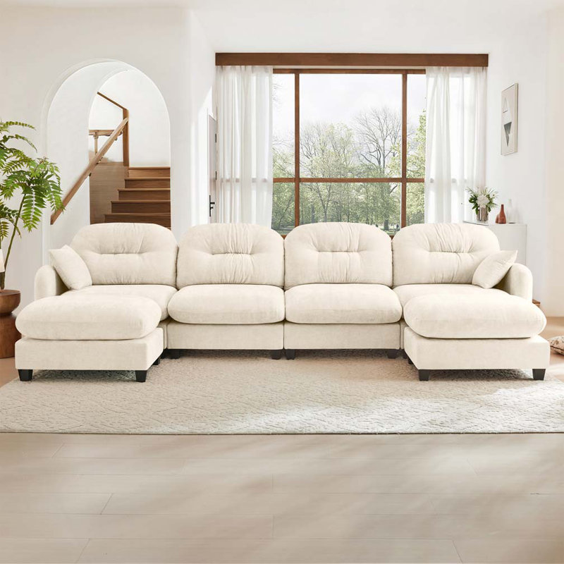 Canapé modulaire en chenille 4 places avec 2 coussins et repose-pieds, Beige
