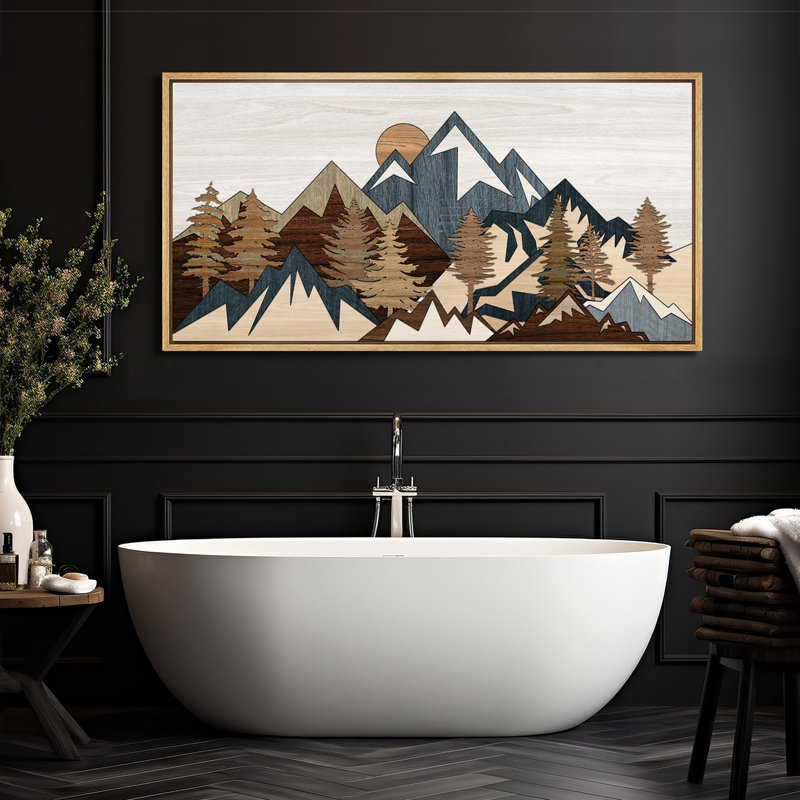 «Western Wood Effect Landscape Geometric Mountain Landscape», incrustation en bois sur toile, H 30 po x l 60 po, Naturel