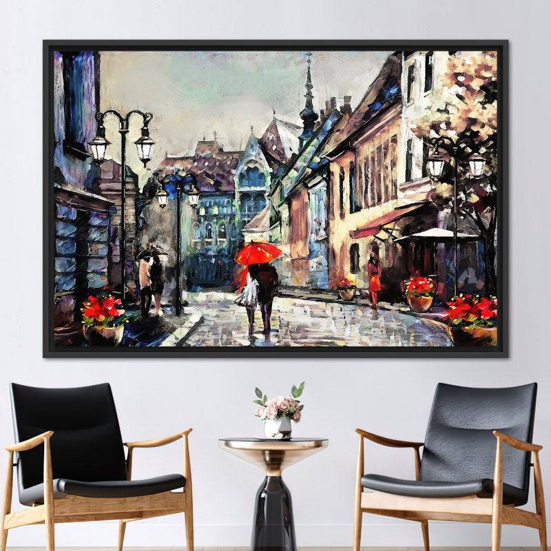 Romantic Umbrella Cityscape Canvas Wall Art - Ideal Valentine's Gift for Couples, Framed Print without Mat, Black