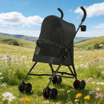 Compact Black Pet Stroller For Small Dogs & Cats - Breathable Mesh, Lightweight Foldable Design With Cup Holder