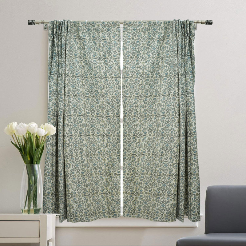 Rideaux plats en lin à imprimé à la main turquoise pour le salon, la chambre à coucher et la fenêtre, L 54 po x L 84 po