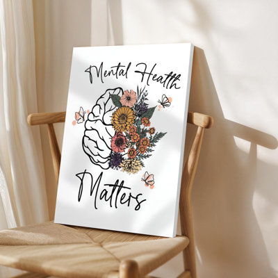 Framed Canvas Wall Art - Floral Brain Outline with Mental Health Matters Text - 24" x 36" for Living Room and Office