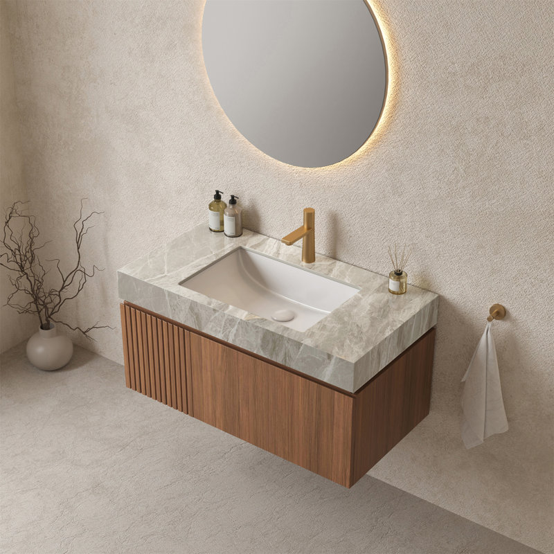 36" MURI Light Gray Sintered Stone Countertop and Undermount Ceramic Basin with One Standard Pre-drilled Faucet Hole, NO Cabinet, NO Faucet and Sink Cover