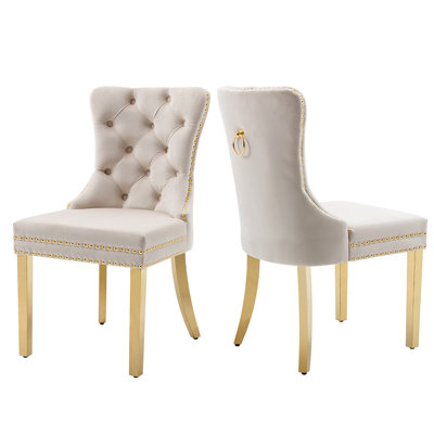Ensemble de 2 chaises de salle à manger en velours, capitonné et clouté élégant, pieds dorés, revêtement doux, présentoir élégant avec anneau de traction, support de dossier haut ergonomique pour salle à manger, assemblage facile et rapide, beige