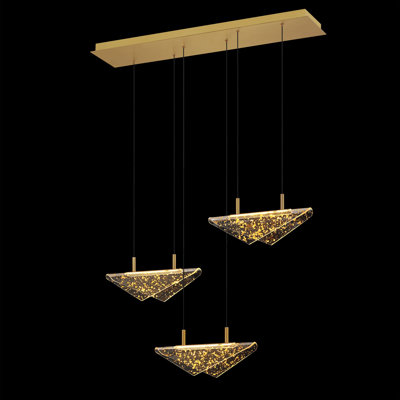 36"l Led 3-light Modern Brushed Gold Linear Pendant Light With Clear Gold Leaf Acrylic Shade，3-color Temperature Adjustable For Kitchen Island, Dining Room & Living Room
