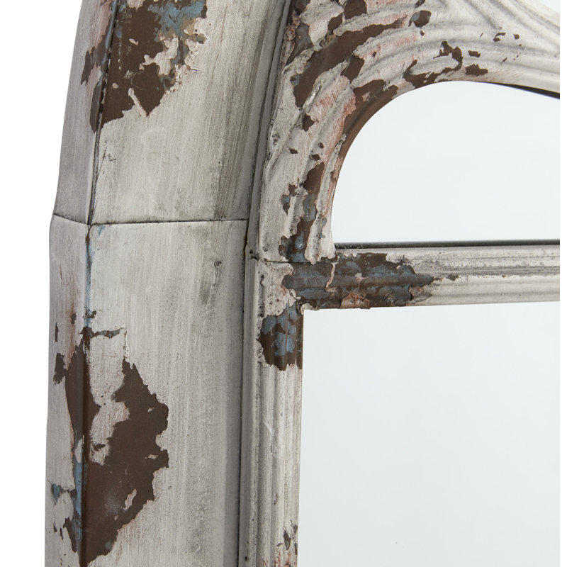 White Distressed Wood Arched Windowpane Wall Mirror