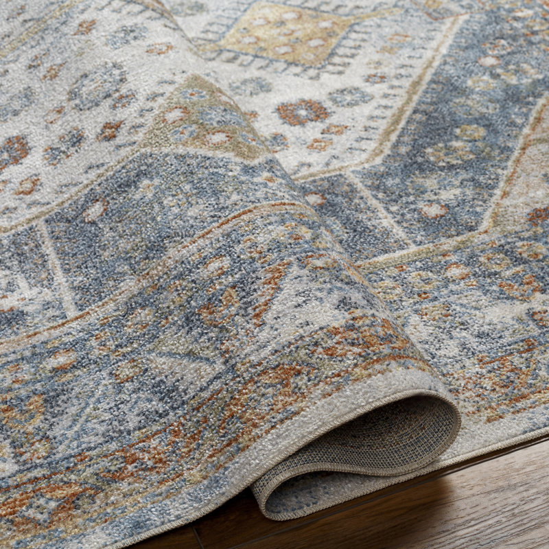 Washburn Machine Washable Oriental Blue/Ivory Area Rug, Rectangle 7'10" x 10'2"