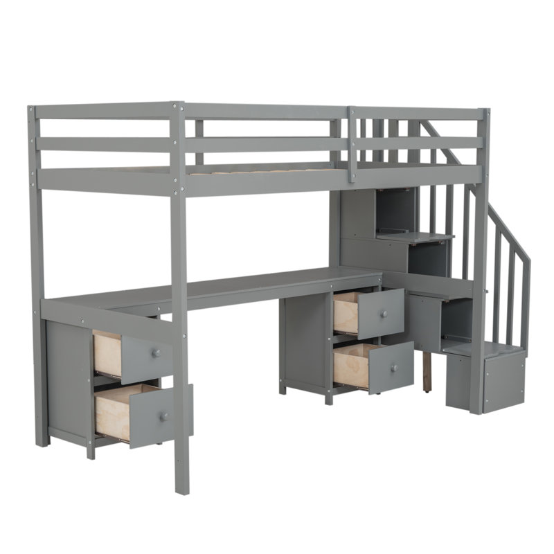 Structure de lit mezzanine avec bureau intégré et tiroirs de rangement doubles, Gris
