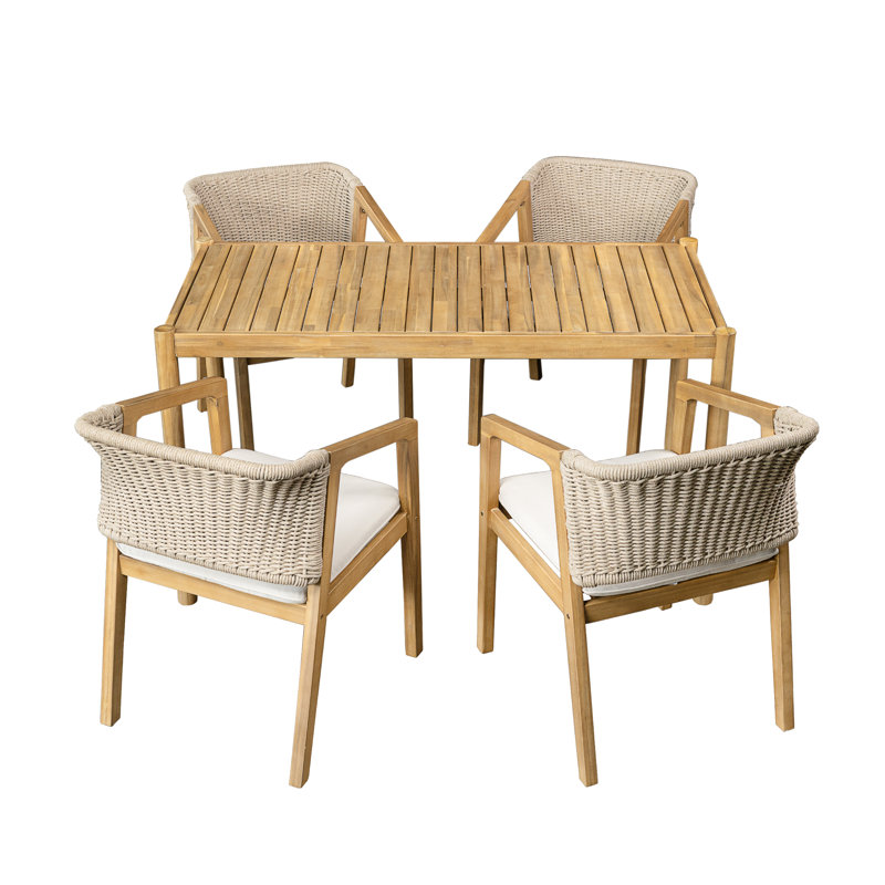 Ensemble de 5 chaises d'extérieur en bois d'acacia, 1 table et 4 chaises, teck et beige
