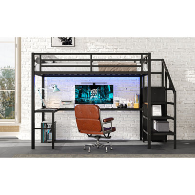 Lit mezzanine double avec bureau en L et port USB, lit mezzanine en métal avec garde-robe et tablette réglable, lit mezzanine haut avec DEL pour enfants, adolescents, adultes
