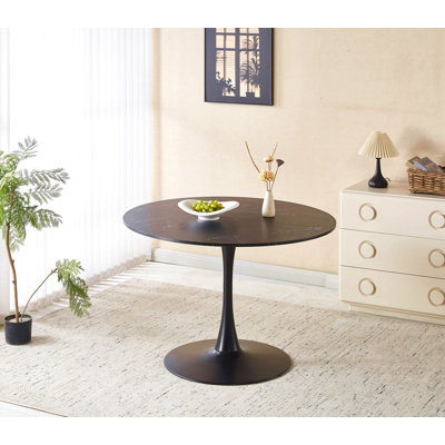 Table tulipe de 42,1 po de couleur marbre noir, table de salle à manger de style Mid-Century pour 4 à 6 personnes - plateau de table rond en panneau de fibres à densité moyenne (le plateau de table comprend deux panneaux), table de salle à manger à piédestal, table de bout et table basse de loisir