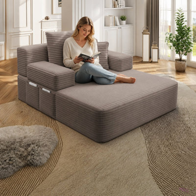 Plush Corduroy Chaise Lounge Sofa Bed, Convertible Sleeper Couch Bed w/ Storage Pockets, 3 Soft Pillows, Multi-Functional Frameless Sofa Couch for Apartment, Home Theater, Guest Room, Dorm