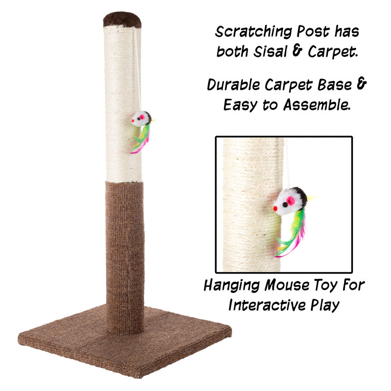 24.5-Inch Brown Sisal and Carpet Cat Scratching Post with Toy