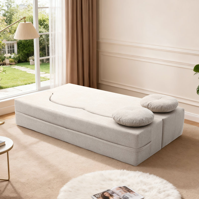 Canapé-lit pliable en velours sans os 75,5 po Lychee, sans assemblage requis avec deux coussins, kaki, Velours beige