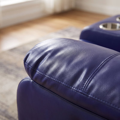 Canapé inclinable manuel 2 places en similicuir, avec console centrale et porte-gobelets, idéal pour le salon ou le cinéma maison, bleu.