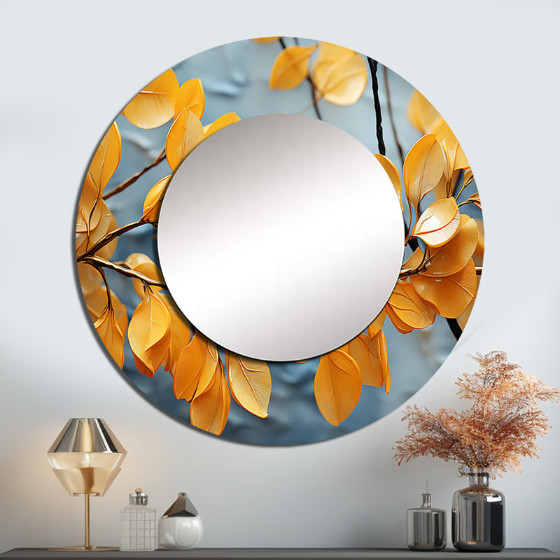 Golden Foliage Leaves I - miroir mural unique à feuilles, miroir rond traditionnel, impression sur métal, 23 po x 23 po