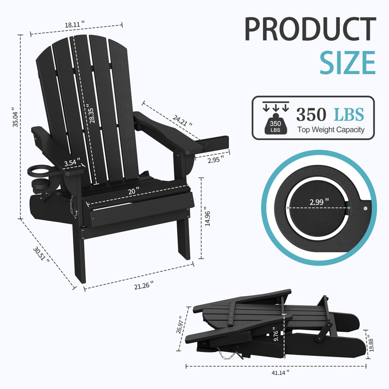 Ensemble de 4 chaises longues d'extérieur pliables avec porte-gobelets Adirondack, Noir