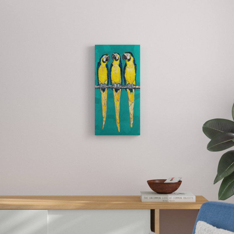 «Three Macaws on Turquoise» - Impression sur toile tendue, H 24 po x l 12 po
