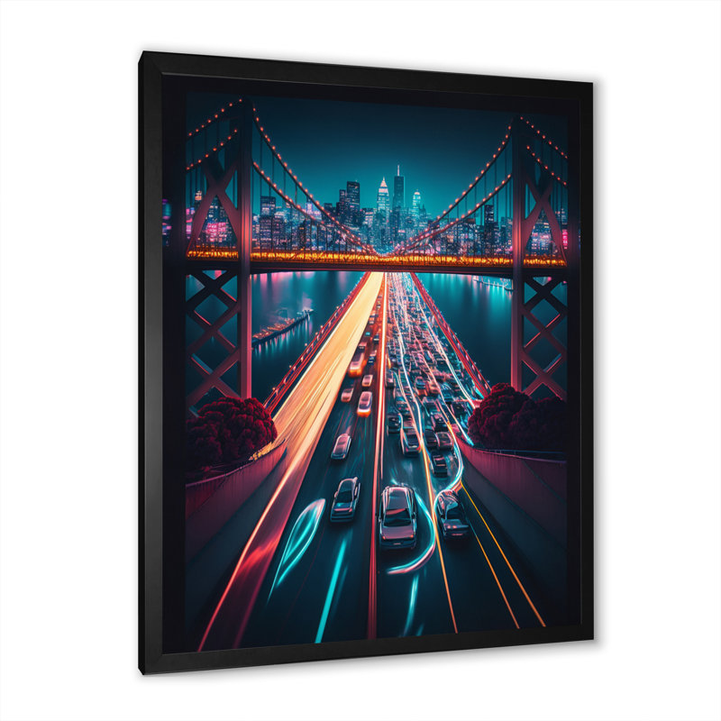 «Futuristic San Francisco Neon II - Cityscapes», art mural sur toile, H 40 po x l 30 po x P 1,5 po, Cadre noir