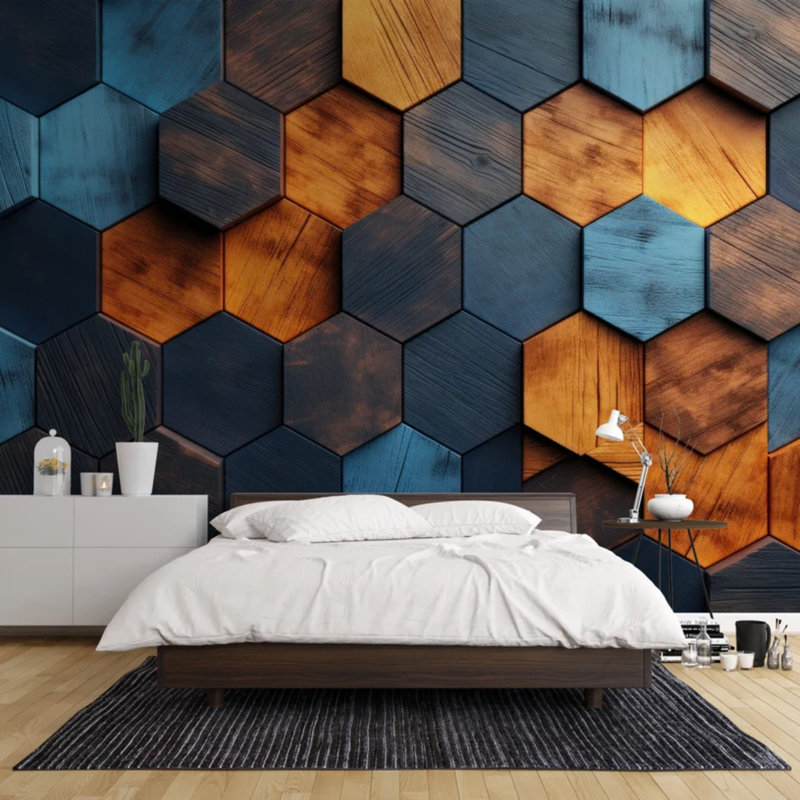 Panneau mural moderne moderne en bois hexagonal bleu-brun, L 138 po x l 105,96 po