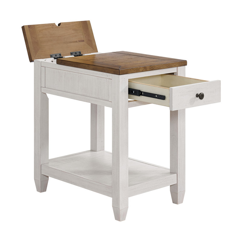 Table de bout en bois massif avec station de charge Sarcoline, Naturel / Blanc