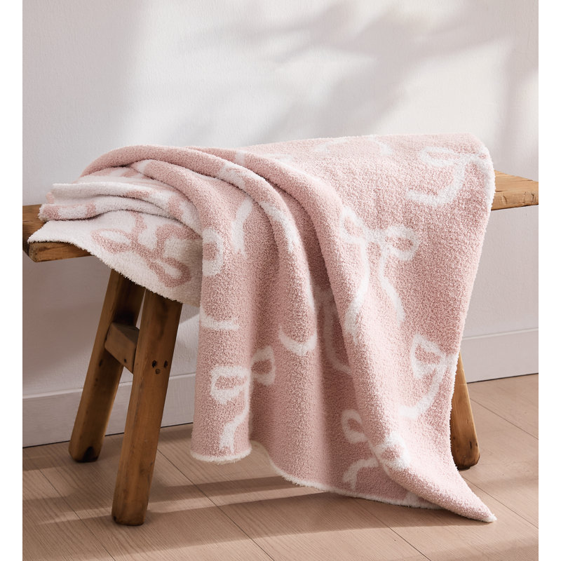 Truly Soft Cozy Bows Reversible Throw, White/Pink