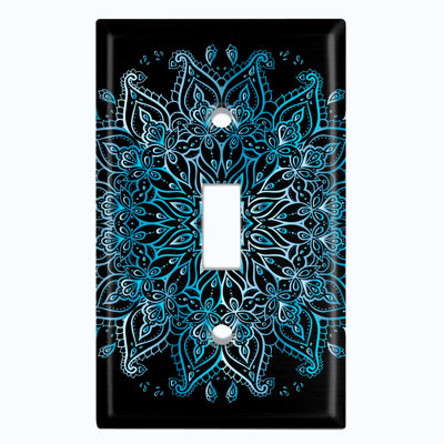 Metal Light Switch Plate Outlet Cover (Teal Frost Snowflake Mandala Black  - Single Toggle)