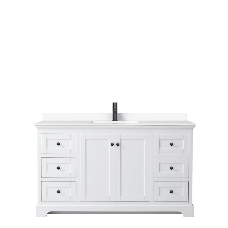 Avery 60'' Single Bathroom Vanity with Top, White, White Cultured Marble, Matte Black