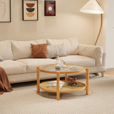 Table basse en rotin, table basse en bambou à 2 niveaux avec plateau en verre et tablette de rangement en rotin en PVC, table basse ronde moderne pour salon, bureau, naturel