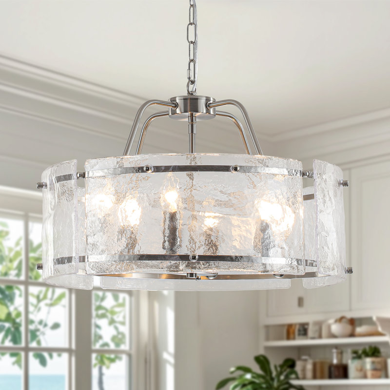 Lustre tambour cylindrique moderne en nickel à 6 lumières avec verre ondulé de 19,7 po pour le salon de la chambre à coucher