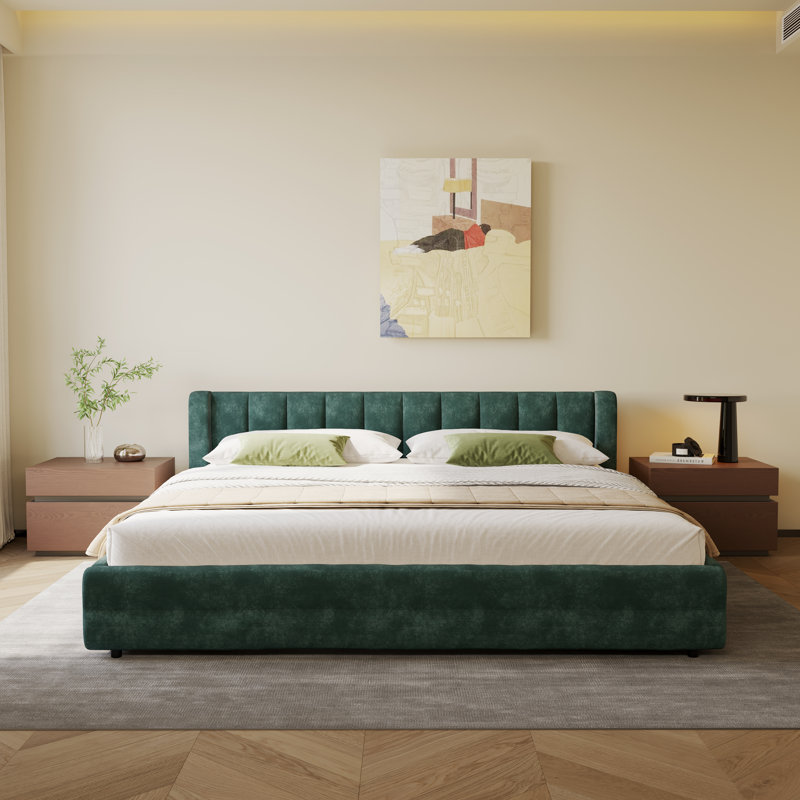 Chenille Upholstered Platform Bed Frame With Padded Headboard And Storage Drawer, Blue/Green, King