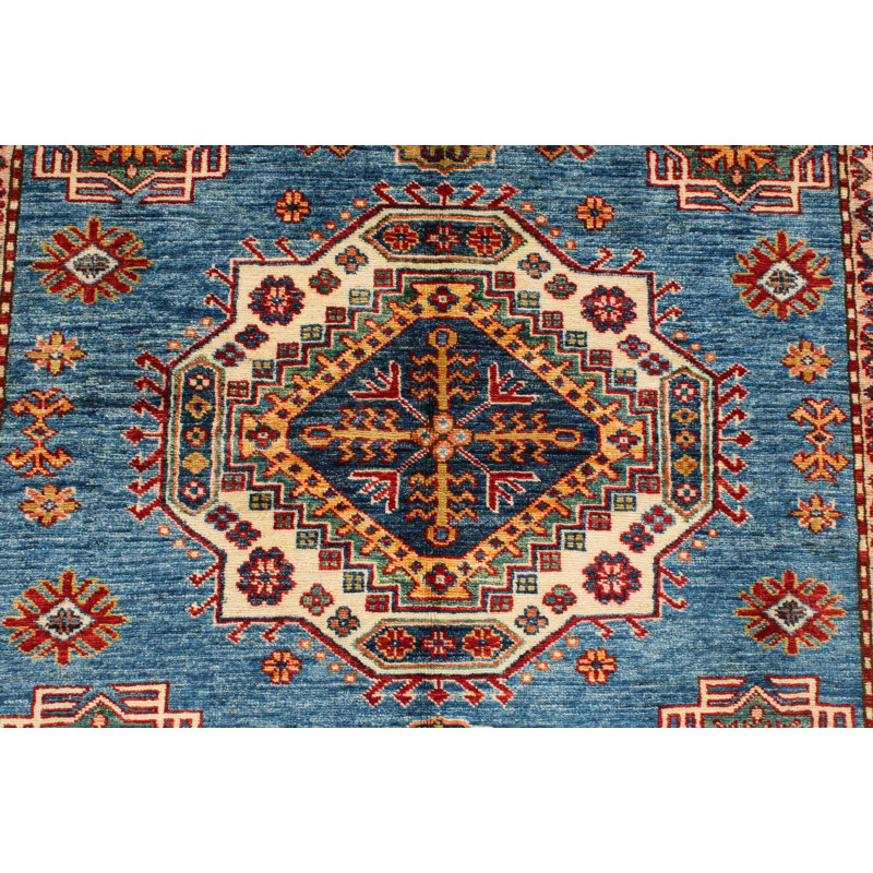 Tapis tribal Kazak bleu et ivoire 5 x 7