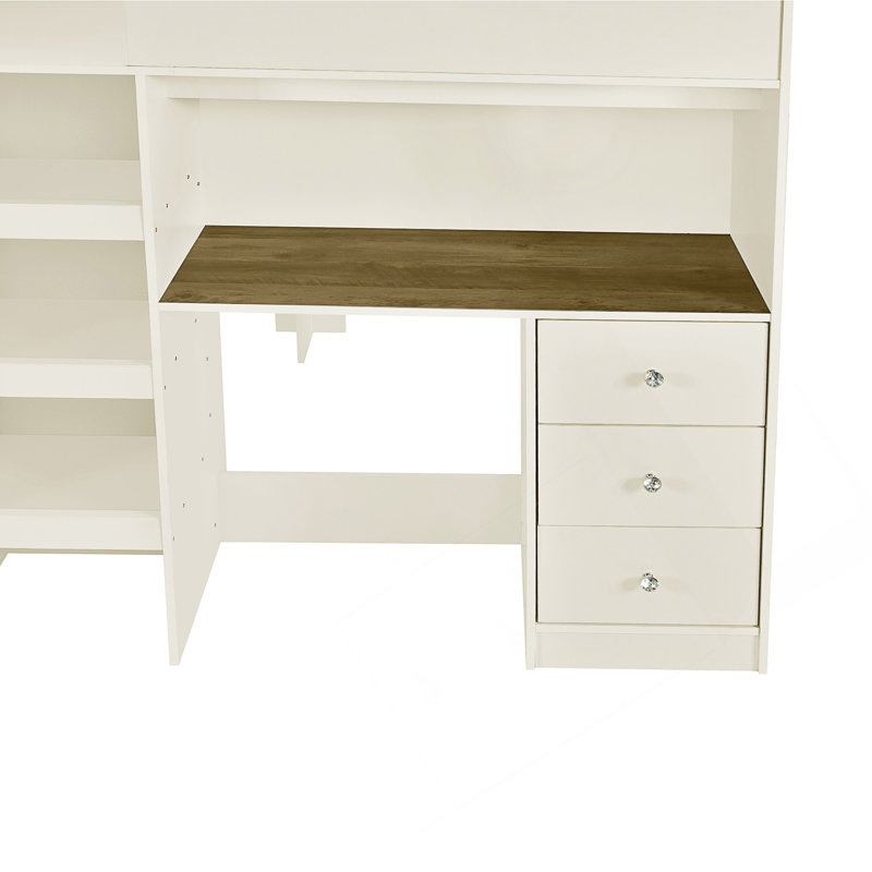 Lit mezzanine double en bois avec garde-robe intégrée, bureau, tablettes de rangement et tiroirs