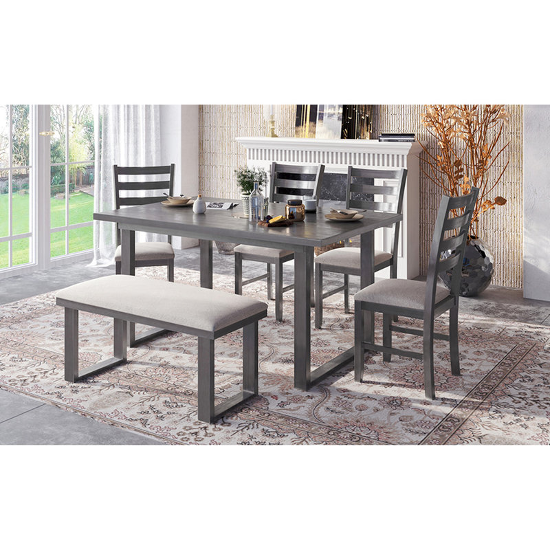 Gray Solid Wood 6 Dining Arrangement, With Table, 4 Chairs And Bench Up, Rectangular & - Comfortable Seating Choice