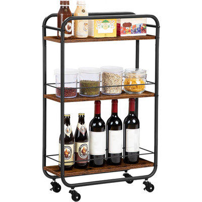 Slim Storage Cart, 3-tier Narrow Cart With Handle, 7.5''w Slide Out Rolling Utility Cart Mobile Shelving Unit Organizer For Small Spaces Kitchen Laundry Narrow Places, Rustic Brown Bf18tc01