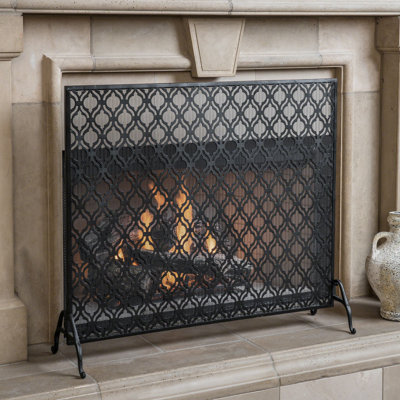 Iron Fire Screen Single Panel, Modern Overlapping Circle Aesthetic, Black, 39.89" Product Depth, 11.36" Width, 34.28" Height, Guards Embers From Spark, Assembly Included Design Panel Screen, Black