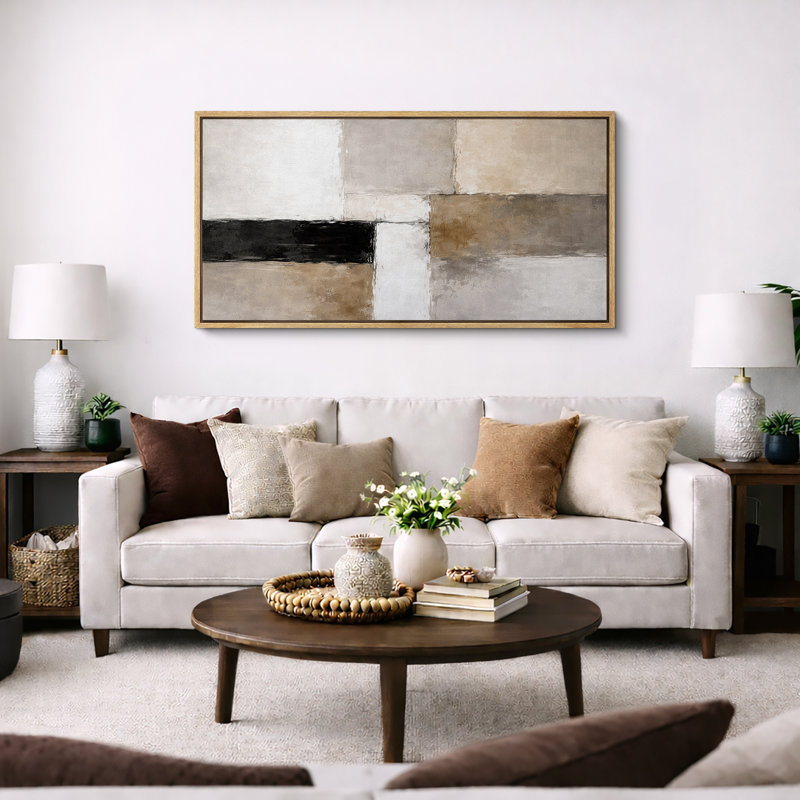 Abstrait abstrait beige neutre, composition de blocs, photos de salon moderne, impression sur toile encadrée, Cadre naturel