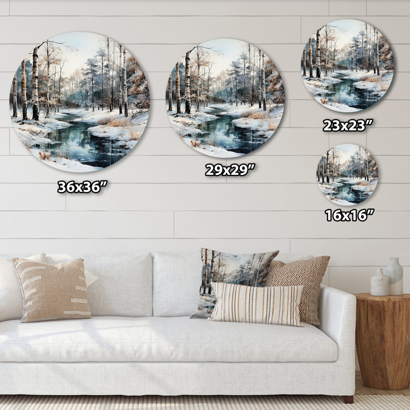Rivière en forêt, paysage d'hiver - paysages, art mural rond en métal, H 23 po x l 23 po