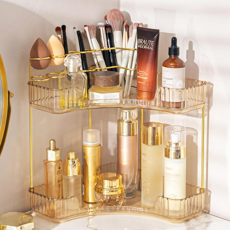 Organisateur de salle de bain d'angle à 2 niveaux avec porte-brosse intégré - rangement spacieux pour le maquillage, les soins de la peau et les parfums, conception ouverte peu encombrante convenant à un meuble-lavabo, une commode et une baignoire