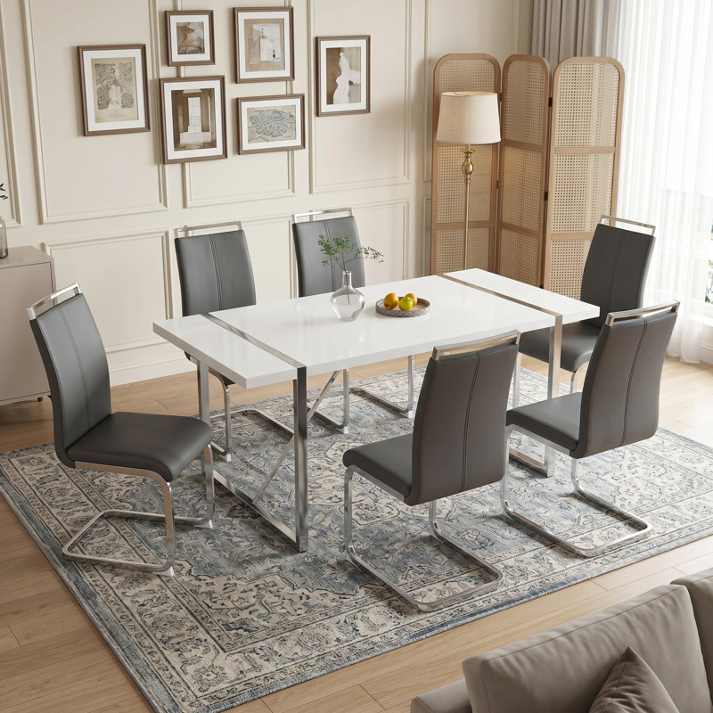 Modern Rectangular Manufactured Wood Dining Table and Ergonomic Faux Leather Chairs with C-Shaped Metal Legs, 7, Dark Gray