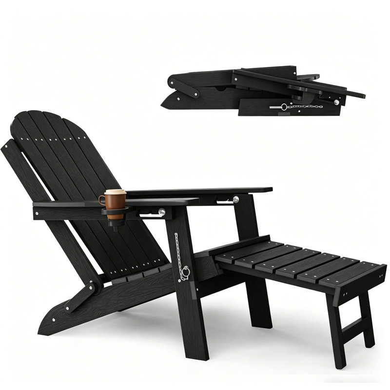 Foldable Adirondack Chair with Retractable Ottoman, Cup Holder All Weather Outdoor HDPE Adjustable Paio Chair for Lawn, Poolside, Fire pit, Black