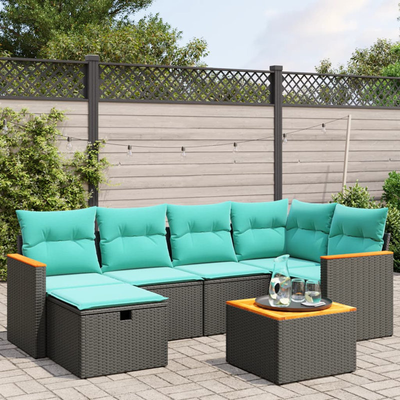 Ensemble de canapé de patio 7 pièces avec coussins en rotin de polyester, Bleu clair, Noir
