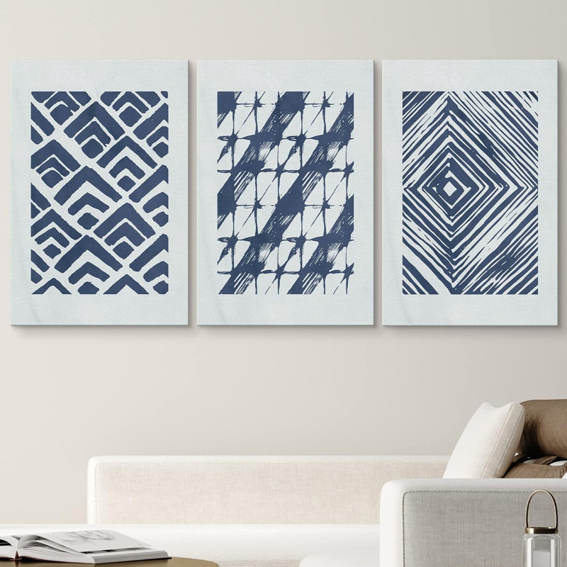 Formes abstraites géométriques bleues à losanges bleu marine moderne, H 24 po x l 48 po, Toile tendue, No Frame