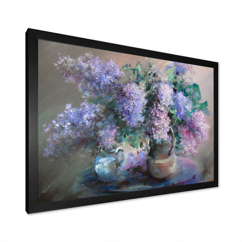 Nature morte avec des lilas - œuvre d'art traditionnelle sur toile, Impression noire sur toile encadrée