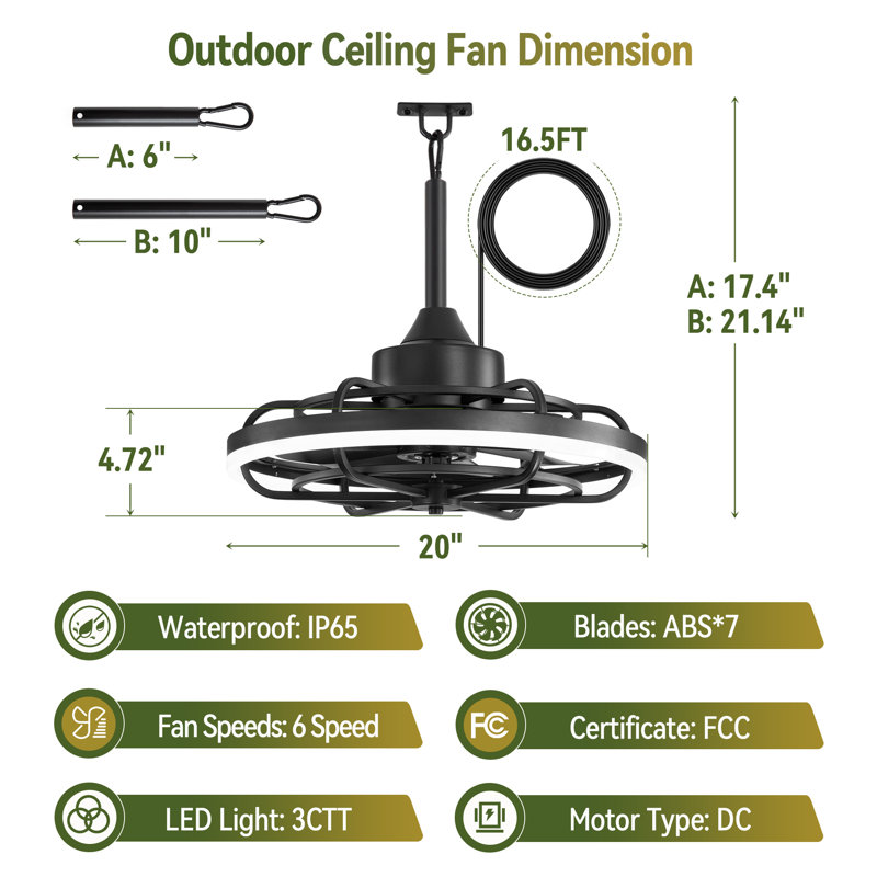 Cissline 20" Wet Plug-in Outdoor Ceiling Fans with Light and Remote, IP65 Waterproof ceiling fan for Patio, 20"