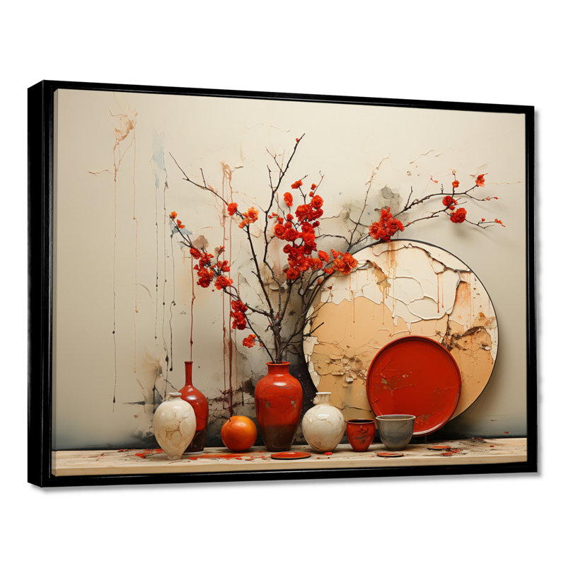 Vase rouge fleurs rouges séchées, H 30 po x l 40 po x P 1,5 po, Toile avec cadre flottant noir