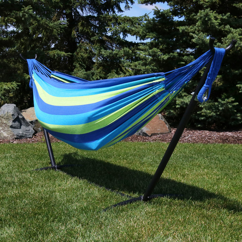  Hamac double en coton tissé double 2 personnes avec support Mira - Oasis, Bleu foncé / vert / bleu clair