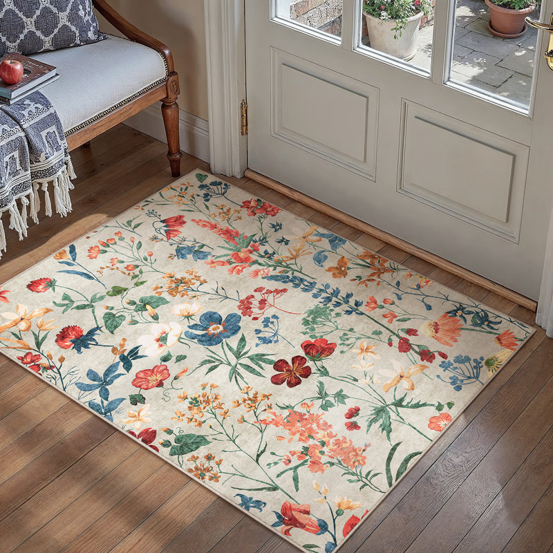 Cherry Machine Washable Floral Area Rug With Non-Slip Backing, Rectangle 2' x 3', Beige