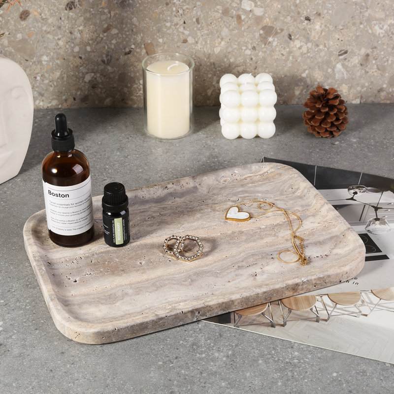 Guein Rectangle Natural Marble Tray,Travertine Silver
