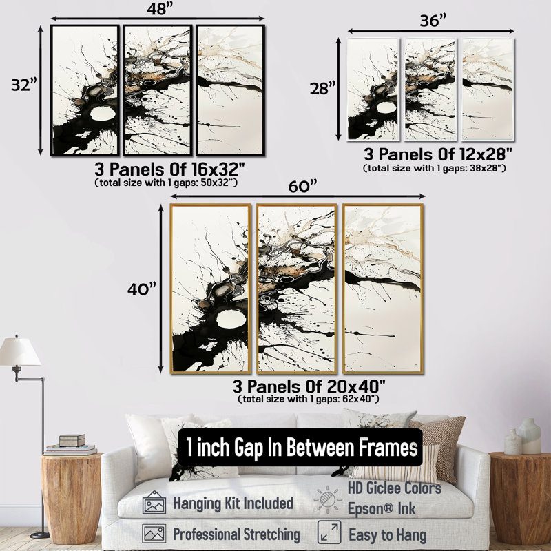 Pensées fluides - ensemble d'impressions murales abstraites à encre liquide, Cadre flottant noir, H 40 po x l 60 po x P 1 po